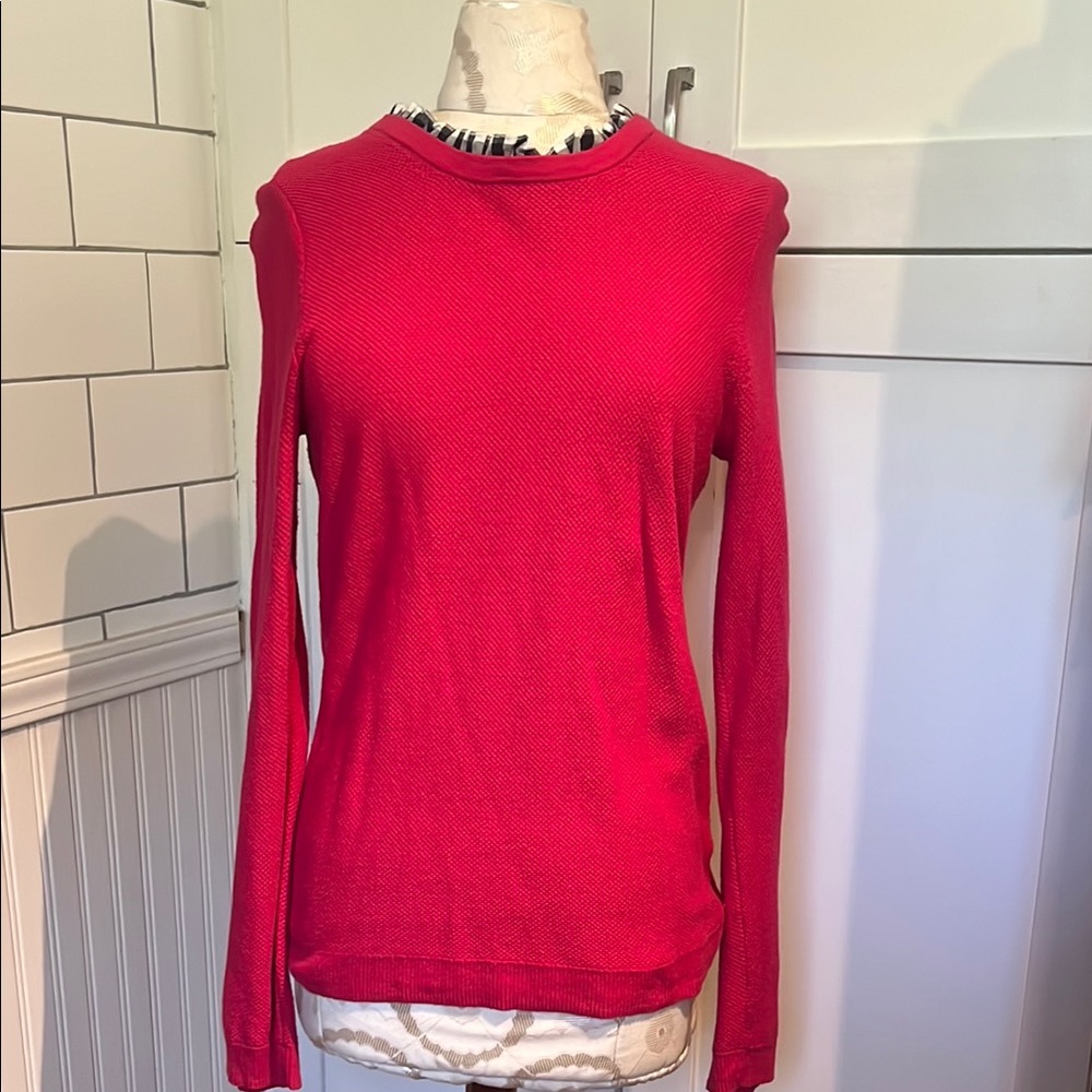 J Crew Hot pink Long Sleeve Sweater with black and white faux ruffle collar